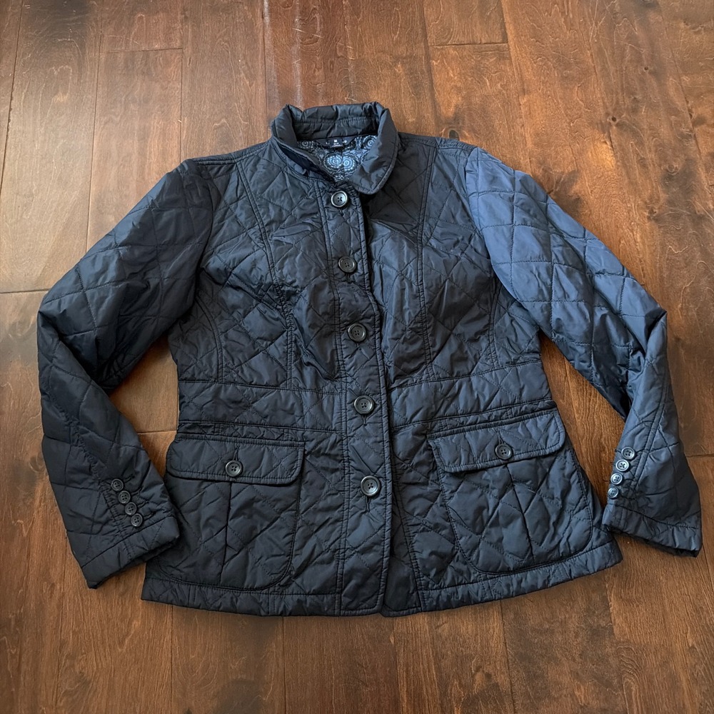 Lands End Womens Black Quilted Barn Jacket‎ Button Front Coat Size M 10-12